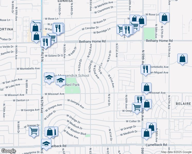 map of restaurants, bars, coffee shops, grocery stores, and more near 5608 North 62nd Avenue in Glendale