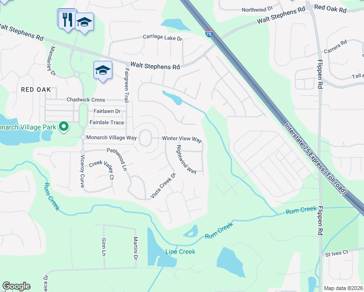 map of restaurants, bars, coffee shops, grocery stores, and more near 702 Nightwind Way in Stockbridge