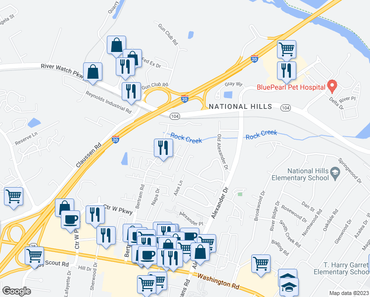 map of restaurants, bars, coffee shops, grocery stores, and more near 2017 Buckhaven Way in Augusta