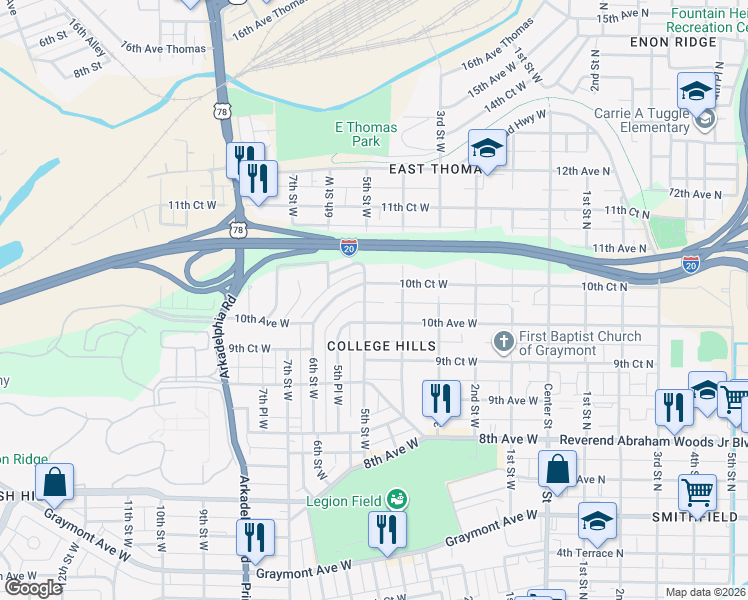 map of restaurants, bars, coffee shops, grocery stores, and more near 1019 5th St W in Birmingham