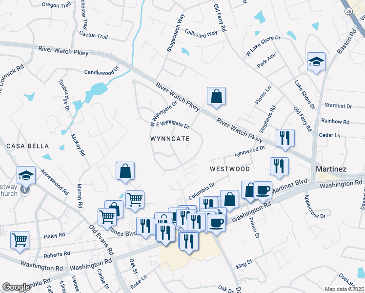 map of restaurants, bars, coffee shops, grocery stores, and more near 3812 Pine Knoll Court in Martinez