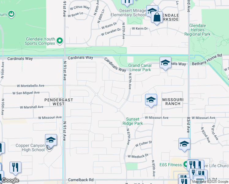 map of restaurants, bars, coffee shops, grocery stores, and more near 8752 West San Miguel Avenue in Glendale