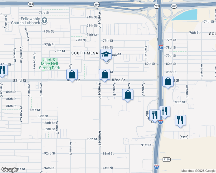 map of restaurants, bars, coffee shops, grocery stores, and more near 1508 83rd Street in Lubbock