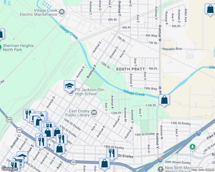map of restaurants, bars, coffee shops, grocery stores, and more near 1054 Avenue J in Birmingham