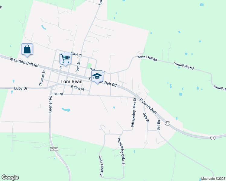 map of restaurants, bars, coffee shops, grocery stores, and more near 108 106 Shaw Street in Tom Bean