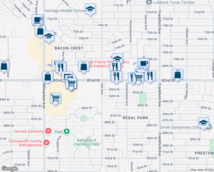 map of restaurants, bars, coffee shops, grocery stores, and more near 6133 82nd Street in Lubbock