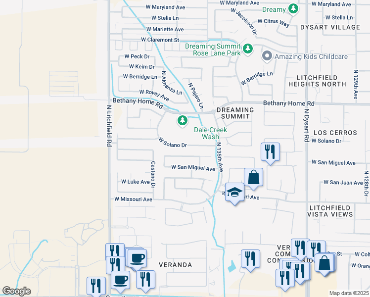 map of restaurants, bars, coffee shops, grocery stores, and more near 13605 W Solano Dr in Litchfield Park