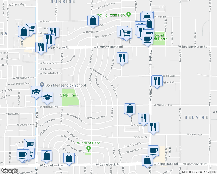 map of restaurants, bars, coffee shops, grocery stores, and more near 5601 North 61st Lane in Glendale