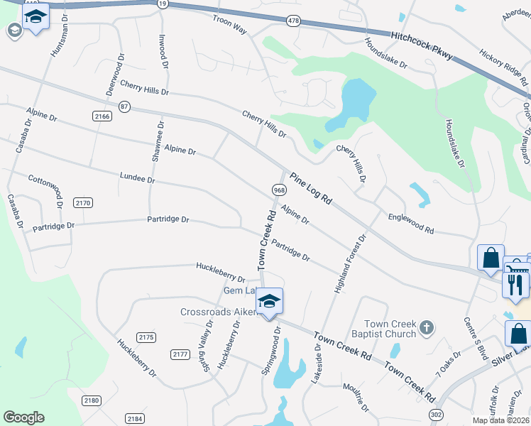 map of restaurants, bars, coffee shops, grocery stores, and more near 2015 Town Creek Road in Aiken
