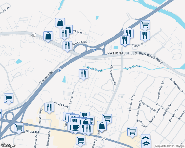 map of restaurants, bars, coffee shops, grocery stores, and more near 2116 Buckhaven Drive in Augusta