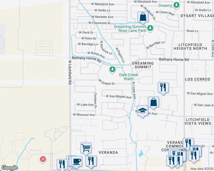 map of restaurants, bars, coffee shops, grocery stores, and more near 13637 West Solano Drive in Litchfield Park