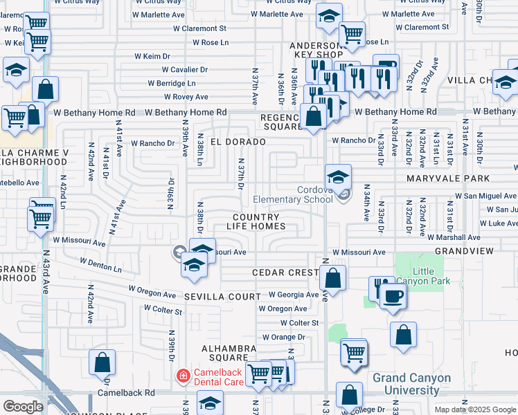 map of restaurants, bars, coffee shops, grocery stores, and more near 5627 North 37th Avenue in Phoenix