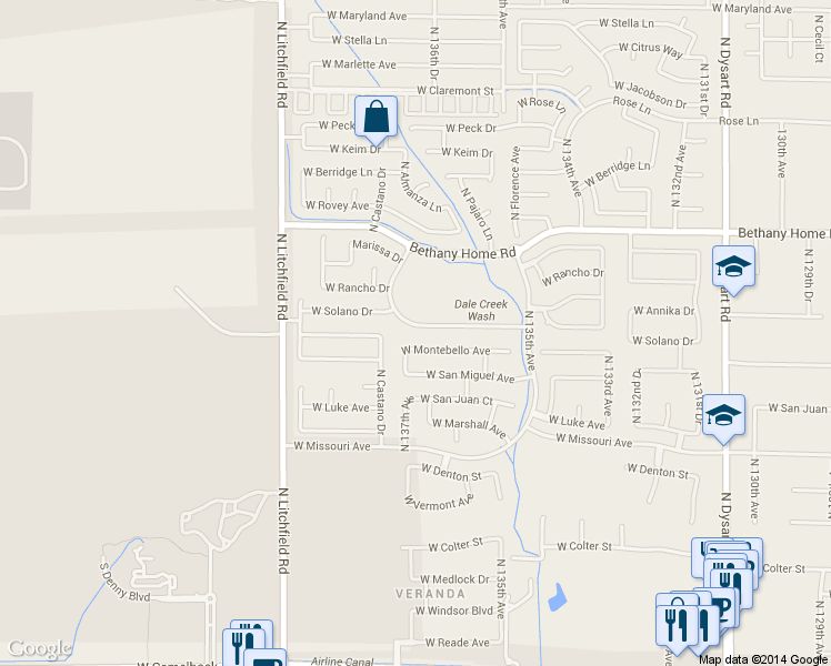 map of restaurants, bars, coffee shops, grocery stores, and more near 13637 West Solano Drive in Litchfield Park