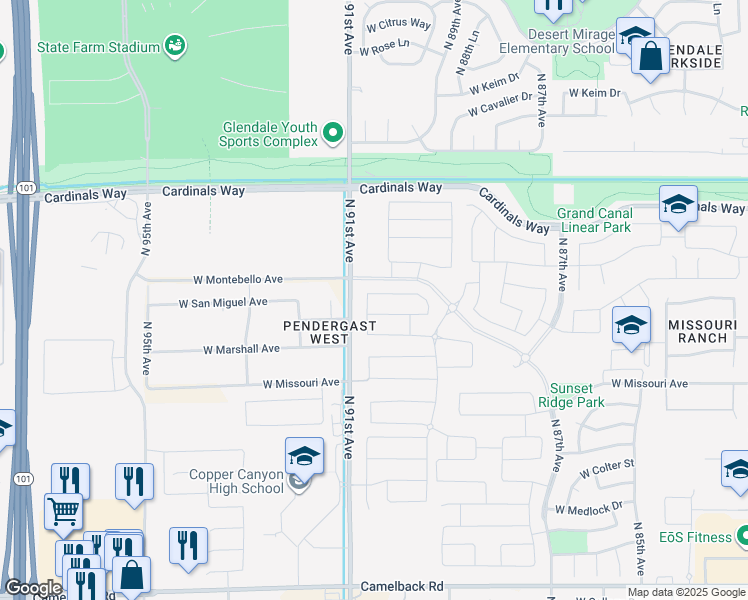 map of restaurants, bars, coffee shops, grocery stores, and more near 9041 West San Miguel Avenue in Glendale