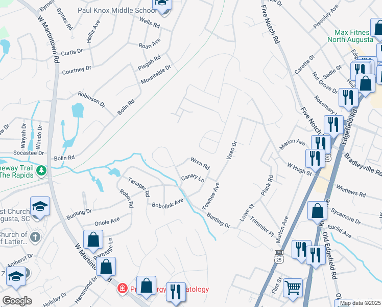 map of restaurants, bars, coffee shops, grocery stores, and more near 2043 Wren Road in North Augusta