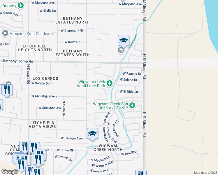map of restaurants, bars, coffee shops, grocery stores, and more near 5743 North Kristi Lane in Litchfield Park