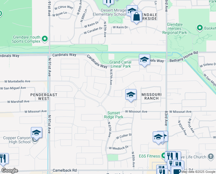 map of restaurants, bars, coffee shops, grocery stores, and more near 5709 North 87th Drive in Glendale