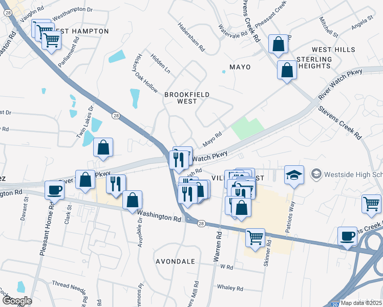 map of restaurants, bars, coffee shops, grocery stores, and more near 2763 Mayo Road in Augusta