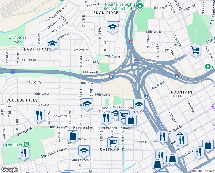 map of restaurants, bars, coffee shops, grocery stores, and more near 317 10th Court North in Birmingham