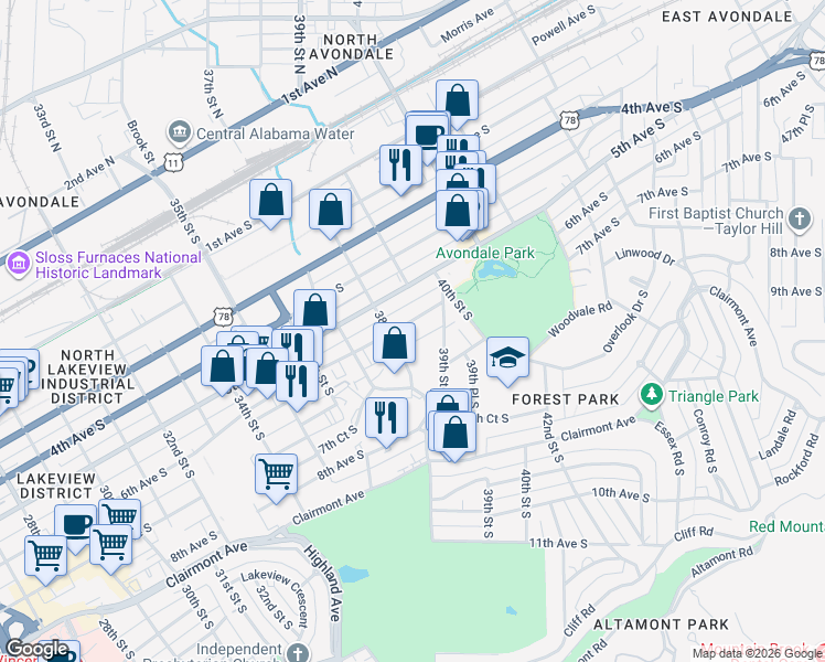 map of restaurants, bars, coffee shops, grocery stores, and more near 2738 6th Avenue South in Birmingham