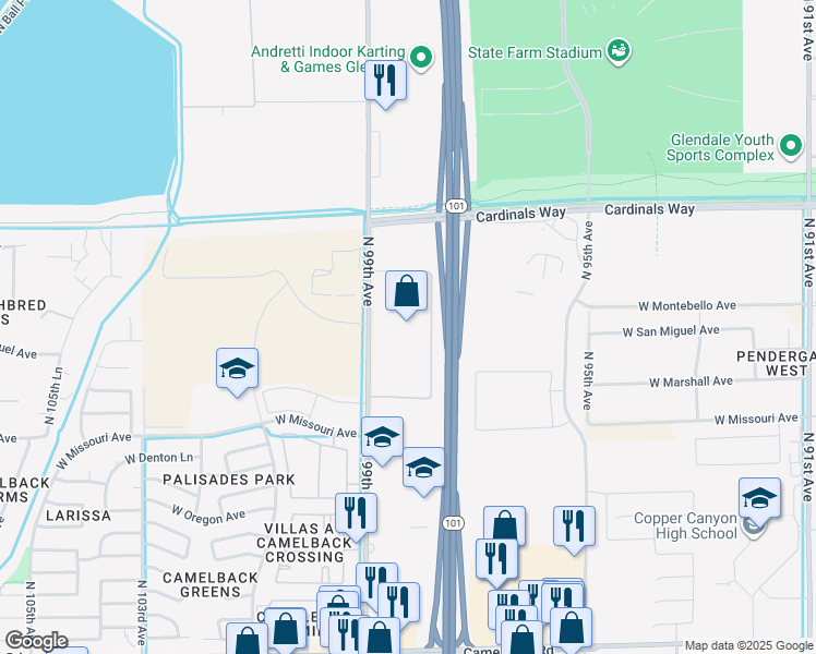 map of restaurants, bars, coffee shops, grocery stores, and more near 5801 North 99th Avenue in Glendale