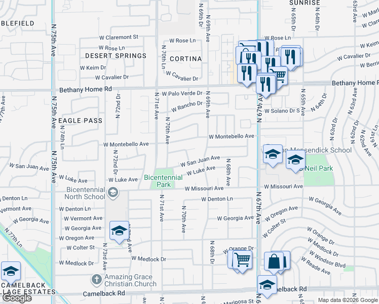 map of restaurants, bars, coffee shops, grocery stores, and more near 6939 West San Miguel Avenue in Glendale