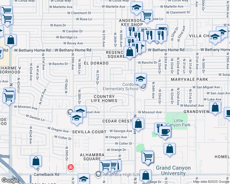 map of restaurants, bars, coffee shops, grocery stores, and more near 3614 West San Juan Avenue in Phoenix