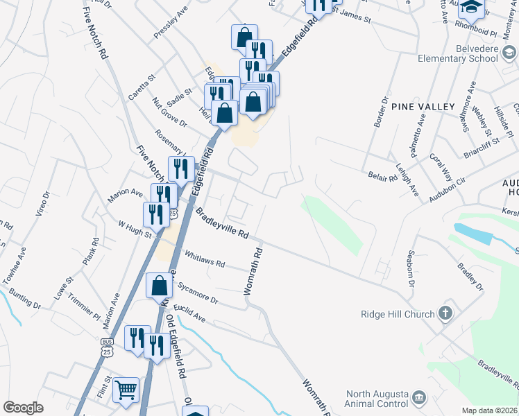 map of restaurants, bars, coffee shops, grocery stores, and more near 128 Chalet North Court in North Augusta