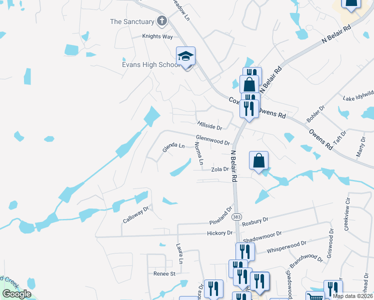 map of restaurants, bars, coffee shops, grocery stores, and more near 4536 Glenda Lane in Evans