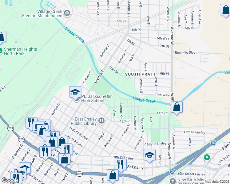 map of restaurants, bars, coffee shops, grocery stores, and more near 1054 Avenue J in Birmingham
