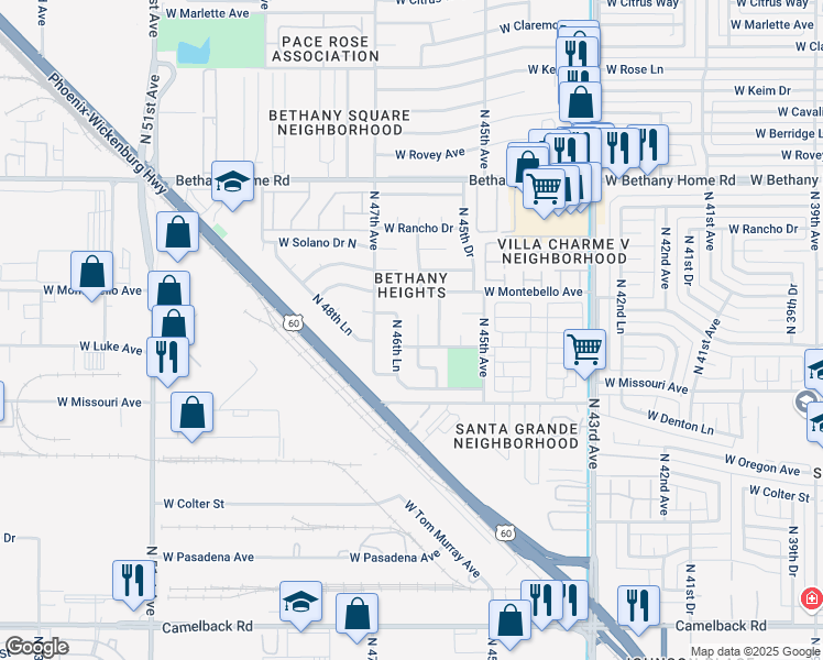 map of restaurants, bars, coffee shops, grocery stores, and more near 5607 North 46th Drive in Glendale