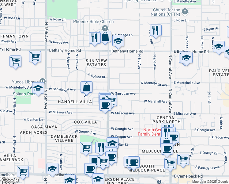 map of restaurants, bars, coffee shops, grocery stores, and more near 528 West San Juan Avenue in Phoenix