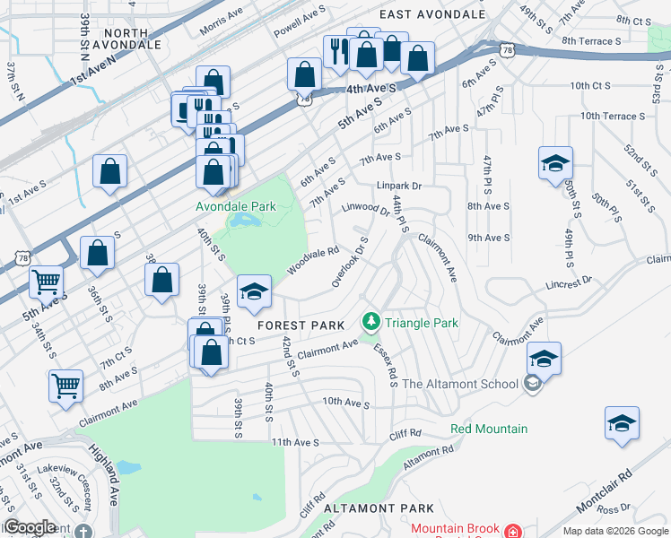 map of restaurants, bars, coffee shops, grocery stores, and more near 4248 Overlook Drive South in Birmingham