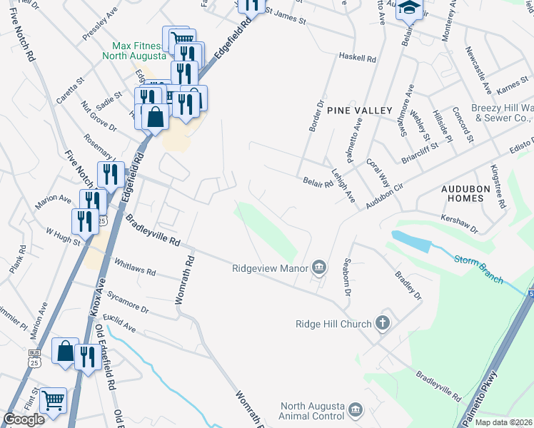 map of restaurants, bars, coffee shops, grocery stores, and more near 388 Carriage Lane in North Augusta