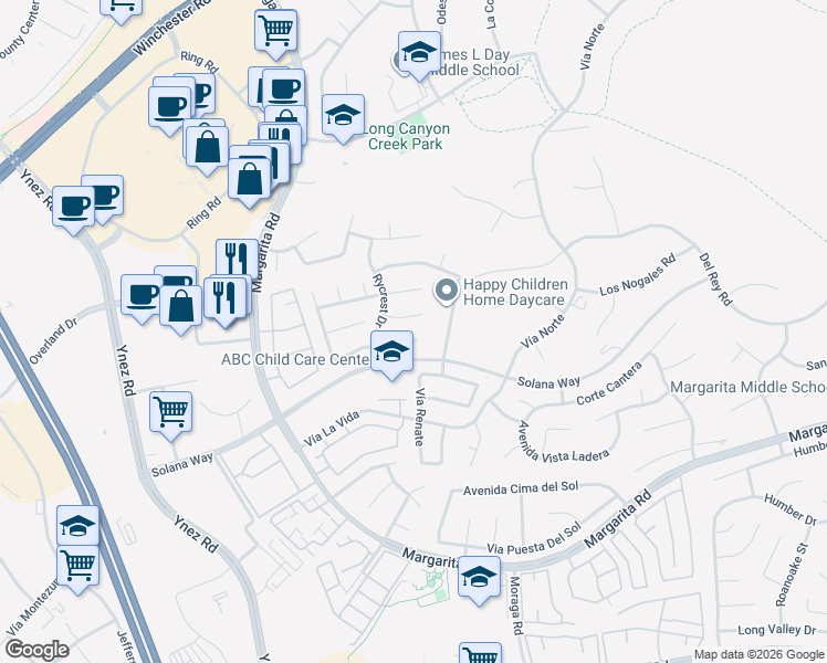 map of restaurants, bars, coffee shops, grocery stores, and more near 29816 Dawncrest Circle in Temecula