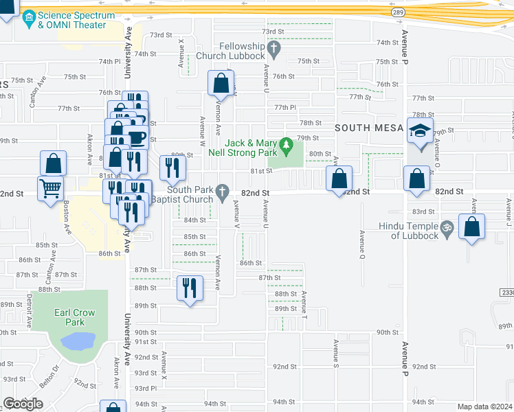 map of restaurants, bars, coffee shops, grocery stores, and more near 2101 82nd Street in Lubbock