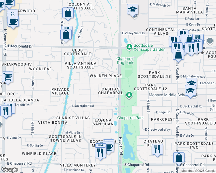 map of restaurants, bars, coffee shops, grocery stores, and more near 7921 East San Miguel Avenue in Scottsdale