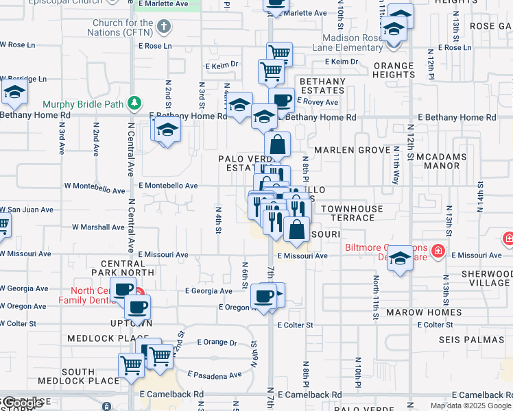 map of restaurants, bars, coffee shops, grocery stores, and more near 5624 North 6th Street in Phoenix