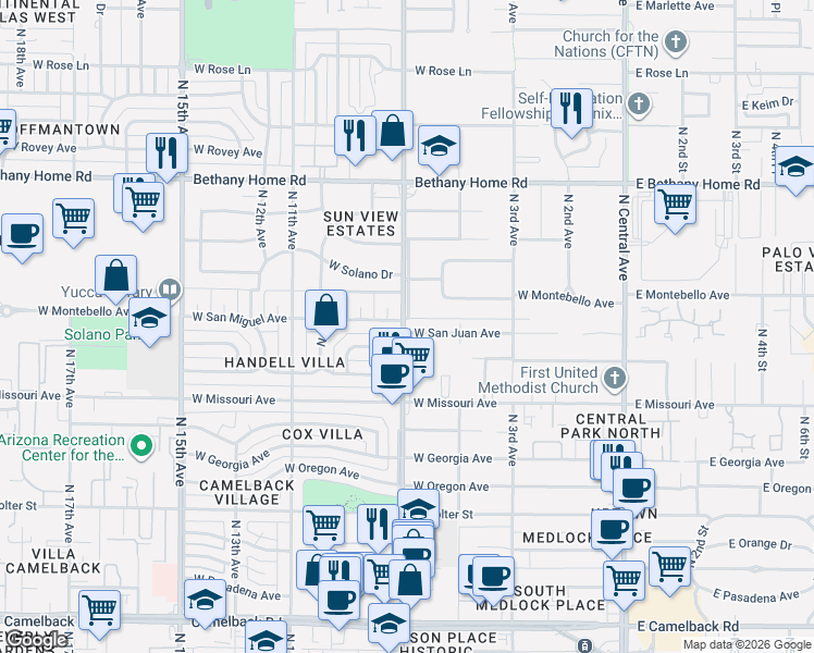 map of restaurants, bars, coffee shops, grocery stores, and more near 713 West San Miguel Avenue in Phoenix