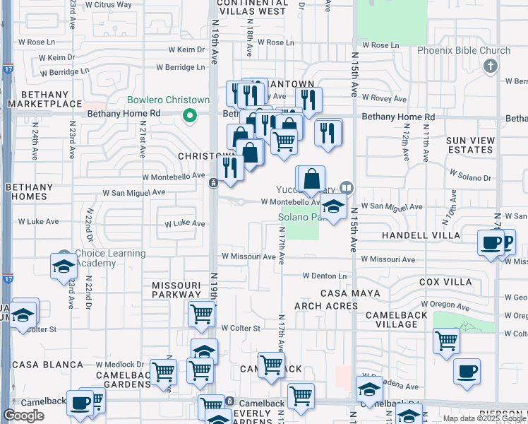 map of restaurants, bars, coffee shops, grocery stores, and more near 5636 North 17th Avenue in Phoenix