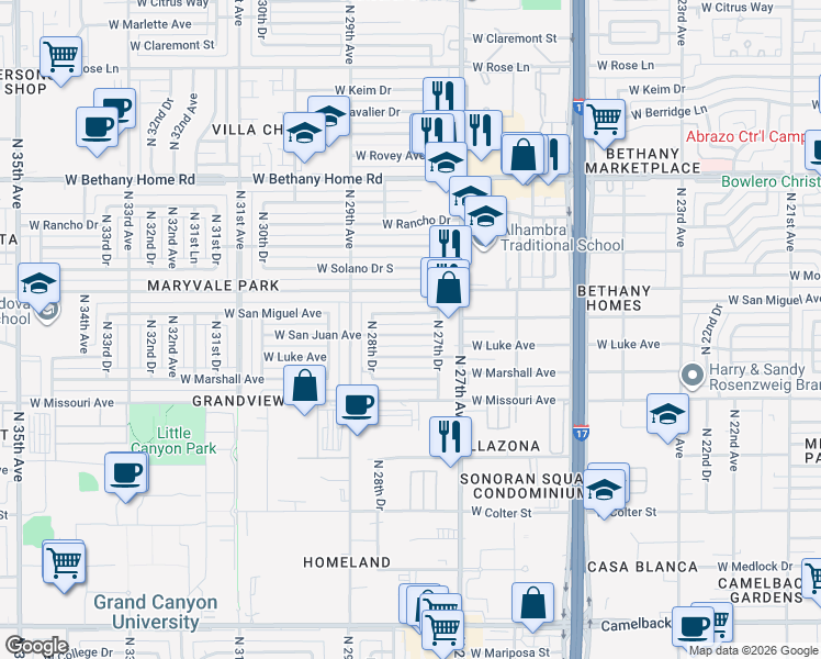 map of restaurants, bars, coffee shops, grocery stores, and more near 2750 West San Juan Avenue in Phoenix