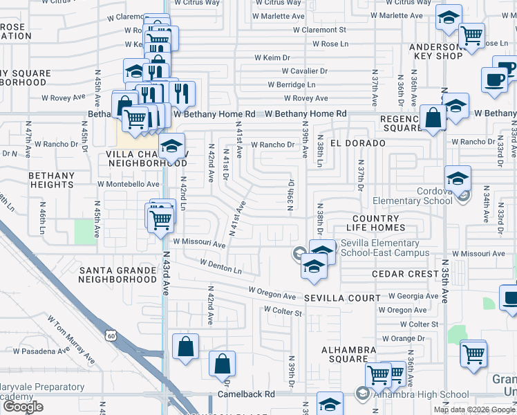 map of restaurants, bars, coffee shops, grocery stores, and more near 4019 West San Miguel Avenue in Phoenix