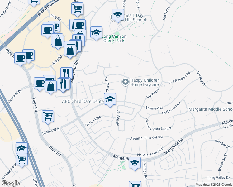 map of restaurants, bars, coffee shops, grocery stores, and more near 29816 Dawncrest Circle in Temecula