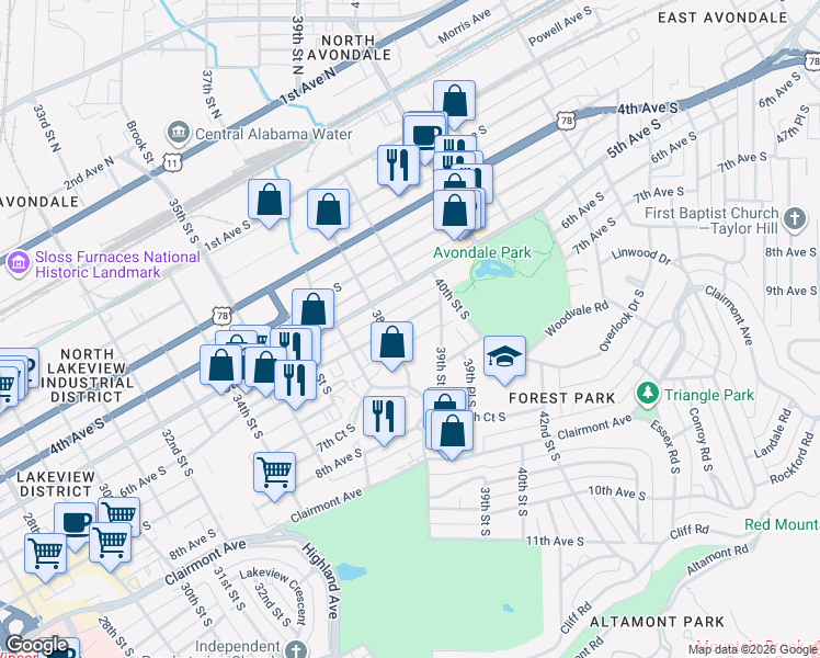 map of restaurants, bars, coffee shops, grocery stores, and more near 2738 6th Avenue South in Birmingham