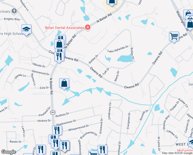 map of restaurants, bars, coffee shops, grocery stores, and more near 4376 Owens Road in Evans