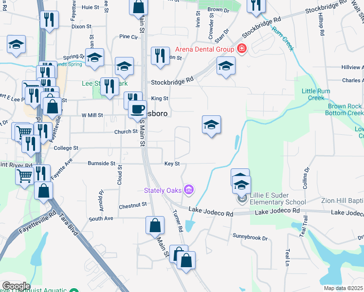 map of restaurants, bars, coffee shops, grocery stores, and more near 145 South McDonough Street in Jonesboro