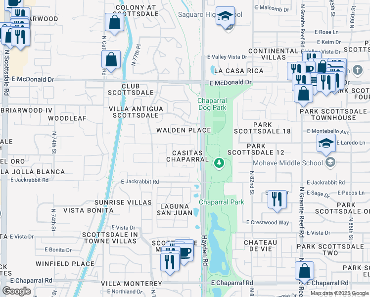 map of restaurants, bars, coffee shops, grocery stores, and more near 7921 East San Miguel Avenue in Scottsdale
