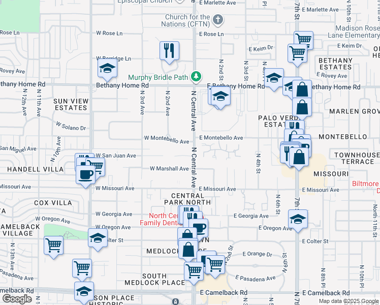 map of restaurants, bars, coffee shops, grocery stores, and more near 2 West San Juan Avenue in Phoenix
