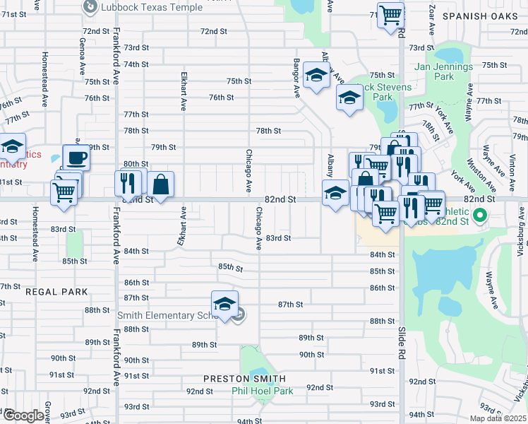 map of restaurants, bars, coffee shops, grocery stores, and more near 8205 Chicago Avenue in Lubbock