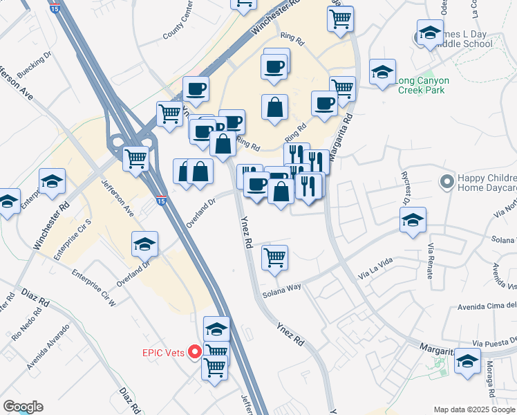 map of restaurants, bars, coffee shops, grocery stores, and more near 41785 Nicole Ln in Temecula